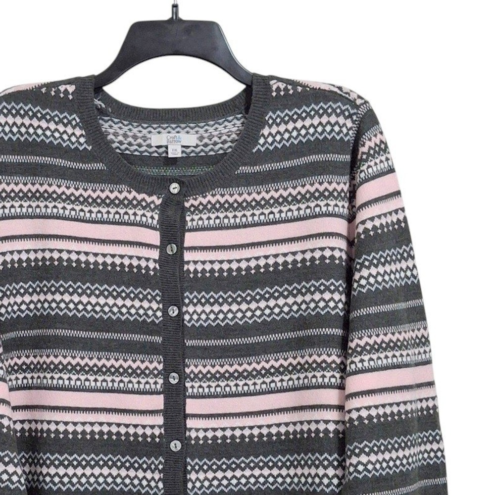 Croft Barrow Sweater XXL Gray Pink Cardigan Fair Isle Nordic Button Front Knit